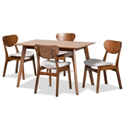 Baxton Studio Katya Mid-Century Modern Grey Fabric Upholstered and Walnut Brown Finished Wood 5-Piece Dining Set Baxton Studio restaurant furniture, hotel furniture, commercial furniture, wholesale dining room furniture, wholesale dining set, classic dining set